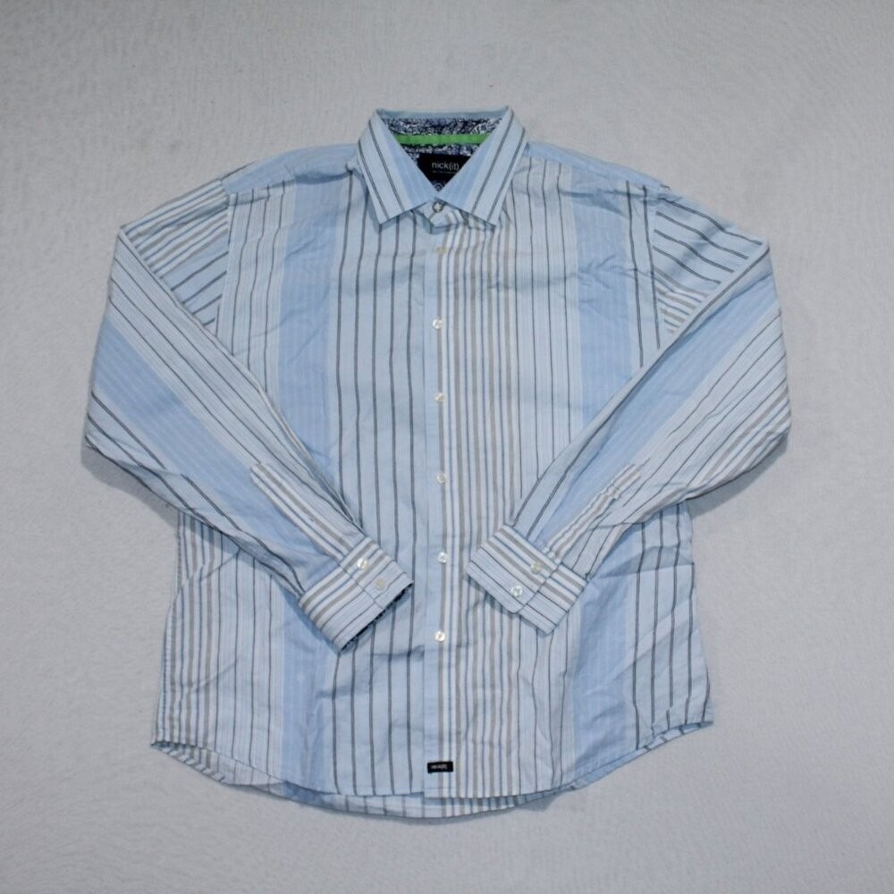 Nick(It) Men Button Down Shirt Blue Stripes Casual Long Sleeve Size Large